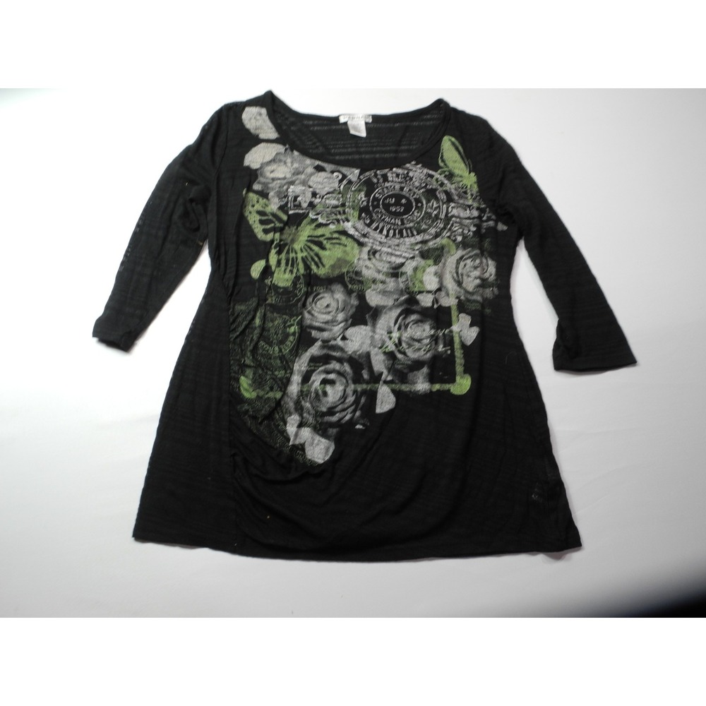 Hannah Tunic Top Womens Medium Sheer Long Sleeve Floral Graphic Shirt Blouse